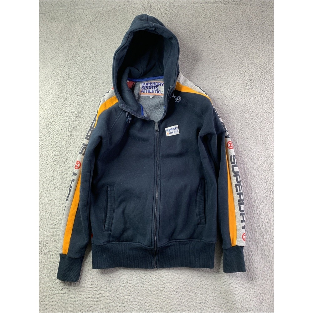 SUPERDRY Men's Hooded Zip Hoodie S Pullover Blue Pockets Cotton